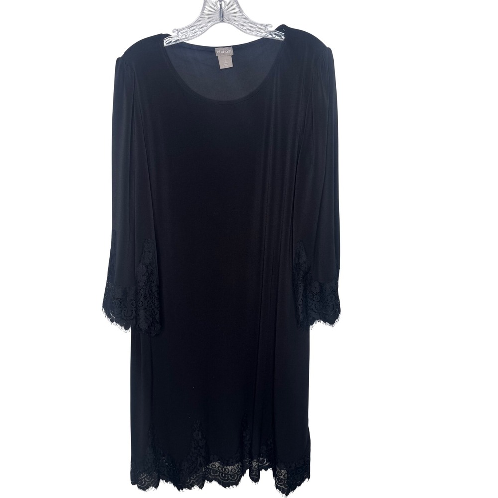 Chicos Black Lace Trim Dress Womens Size 2 12 Long Sleeve Midi